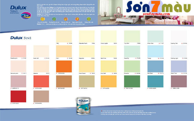 Với bảng màu sơn Dulux 5 in 1, bạn sẽ thoải mái khám phá và tìm kiếm sắc màu ưng ý cho phòng khách, phòng ngủ hay các không gian khác trong ngôi nhà mình với nguồn tài nguyên dồi dào từ Dulux.